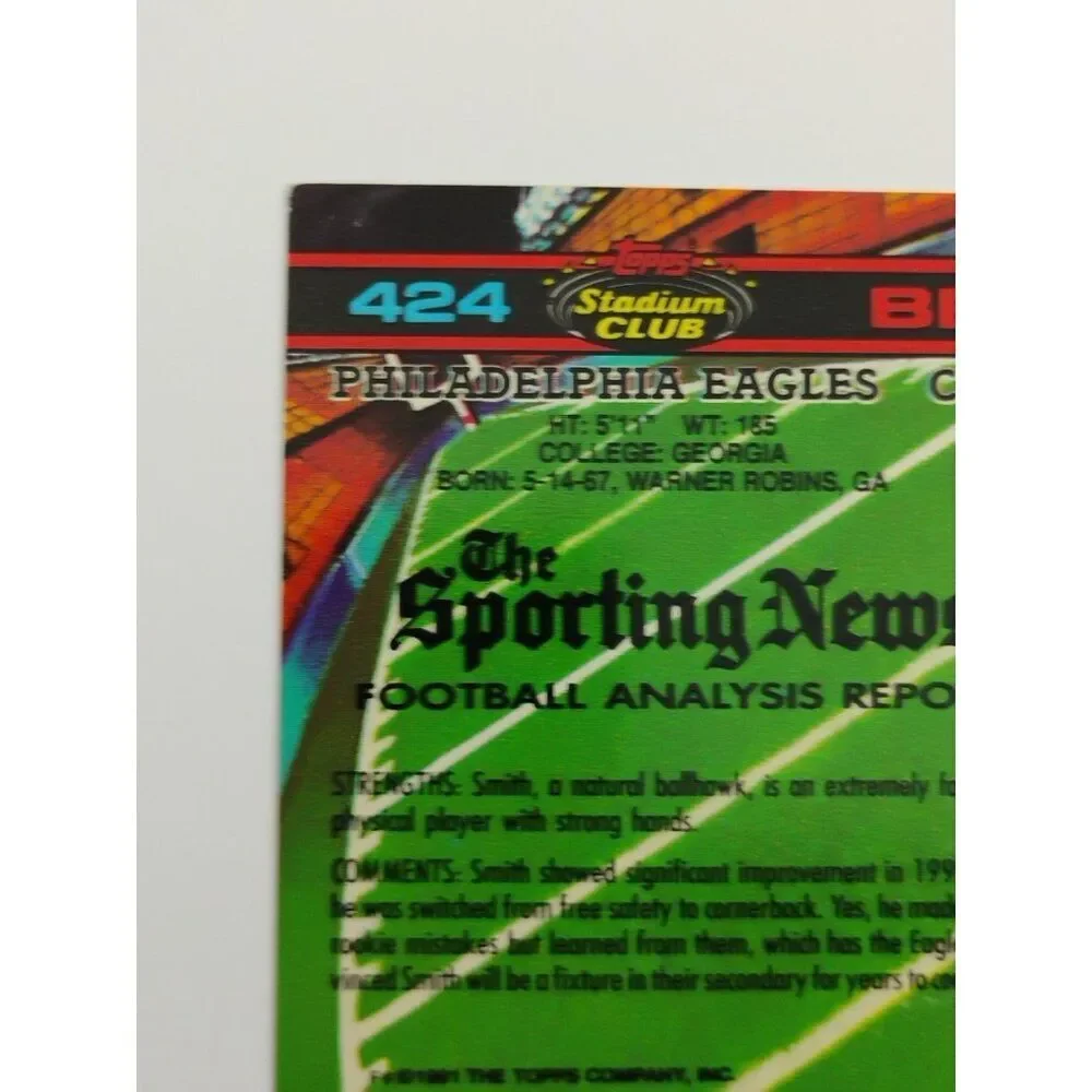 1991 Topps Stadium Club Football Card Ben Smith Philadelphia Eagles #424 - Picture 5 of 7